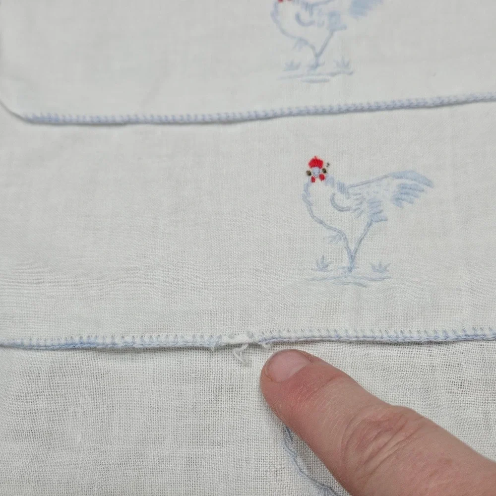 Vintage Country Set of 8 Embroidered Linen Cocktail Napkins‎ White Blue Chicken